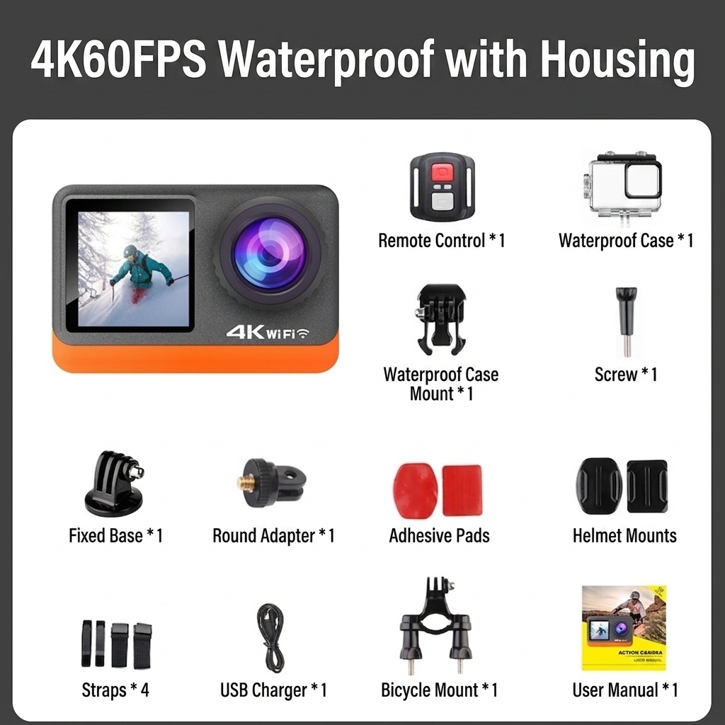 Cámara de acción 4K a 60 FPS, carcasa impermeable, doble pantalla, WiFi, 24 MP, cámara subacuática para vlogs de deportes extremos.