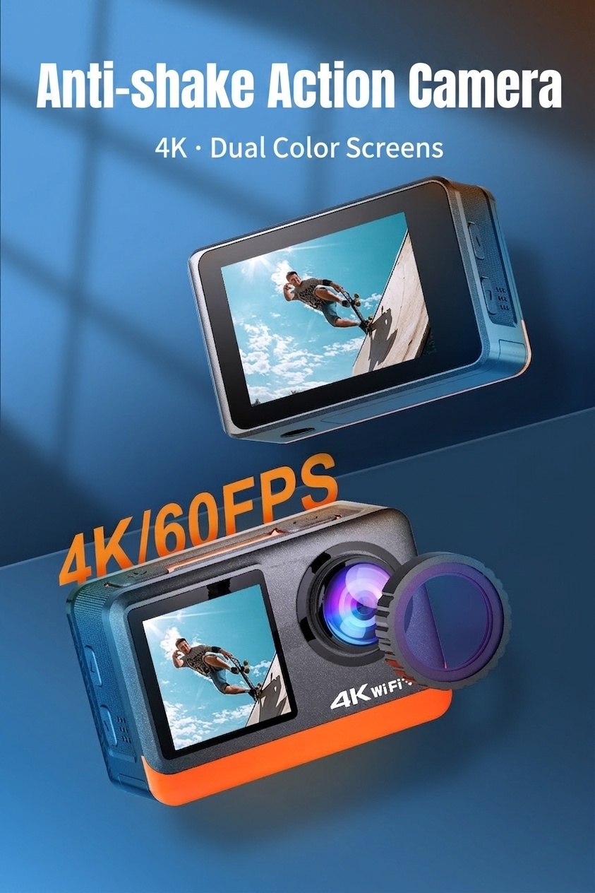 Cámara de acción 4K a 60 FPS, carcasa impermeable, doble pantalla, WiFi, 24 MP, cámara subacuática para vlogs de deportes extremos.