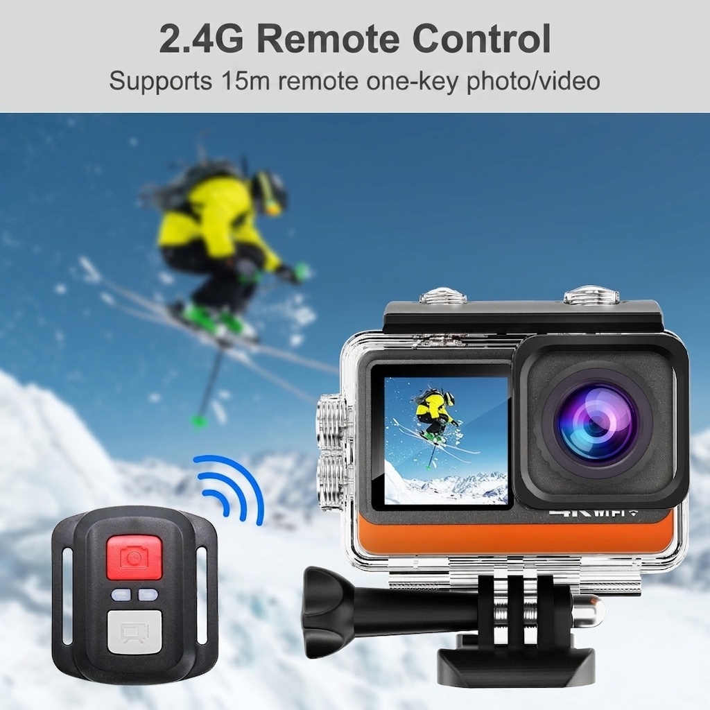 Cámara de acción 4K a 60 FPS, carcasa impermeable, doble pantalla, WiFi, 24 MP, cámara subacuática para vlogs de deportes extremos.