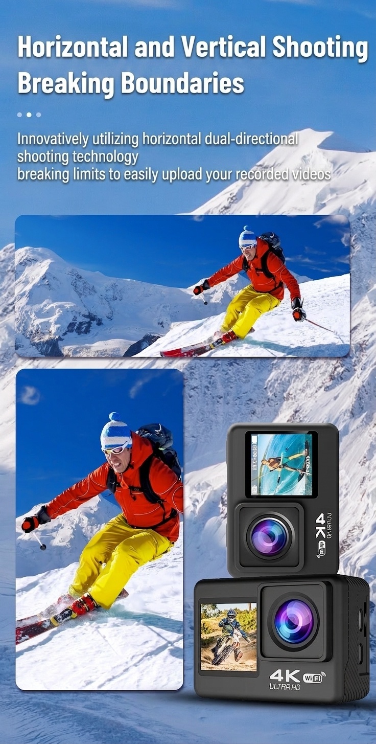 Cámara de acción 4K a 60 FPS, resistente al agua hasta 30 m, estabilización electrónica de imagen (EIS) de 6 ejes, doble pantalla, gran angular de 170°, cámara deportiva con pantalla táctil y conexión Wi-Fi.