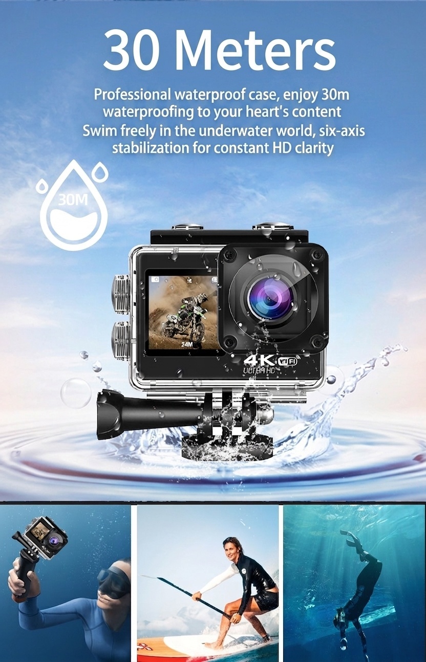 Cámara de acción 4K a 60 FPS, resistente al agua hasta 30 m, estabilización electrónica de imagen (EIS) de 6 ejes, doble pantalla, gran angular de 170°, cámara deportiva con pantalla táctil y conexión Wi-Fi.
