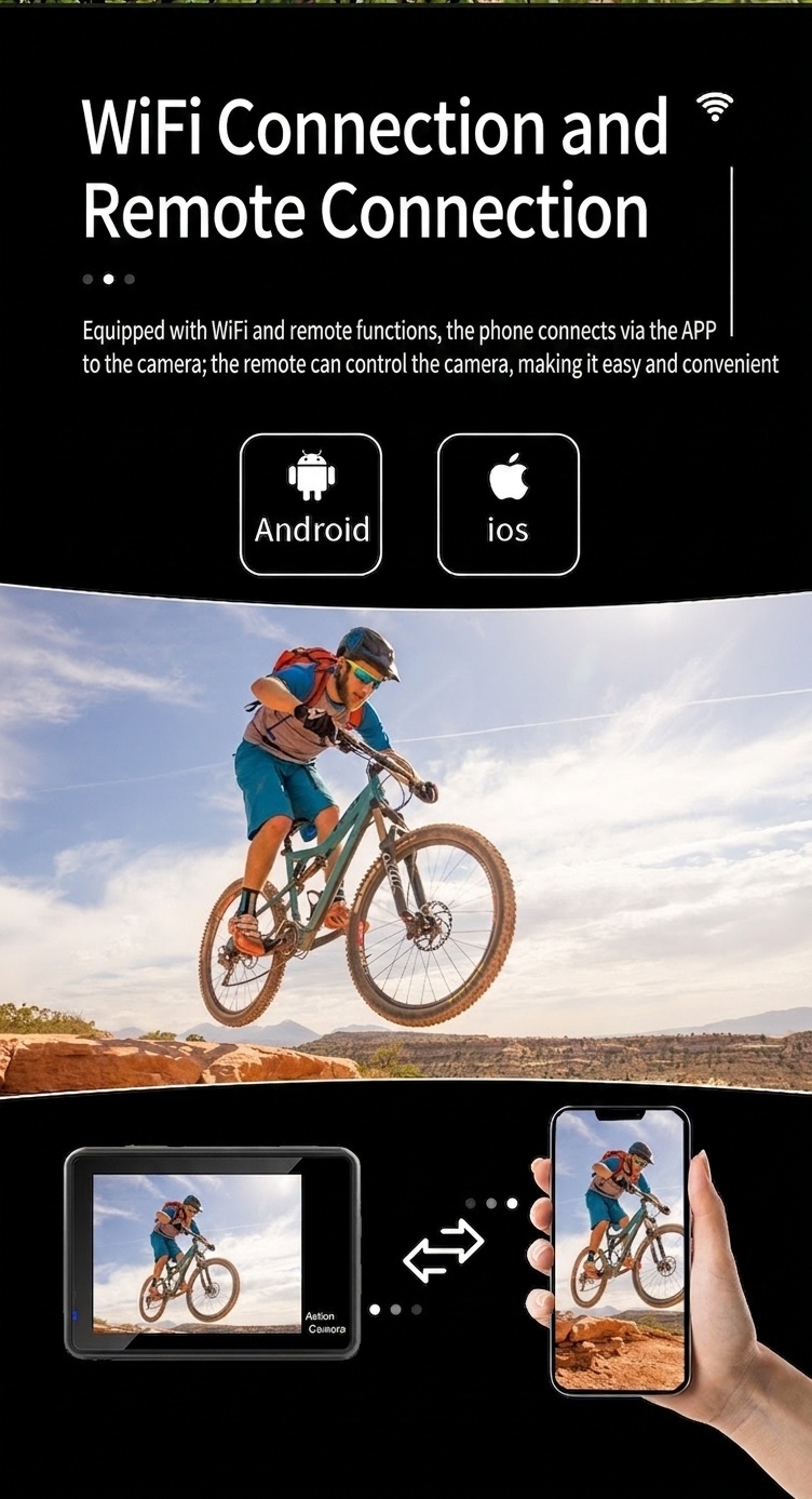 Cámara de acción 4K a 60 FPS, resistente al agua hasta 30 m, estabilización electrónica de imagen (EIS) de 6 ejes, doble pantalla, gran angular de 170°, cámara deportiva con pantalla táctil y conexión Wi-Fi.