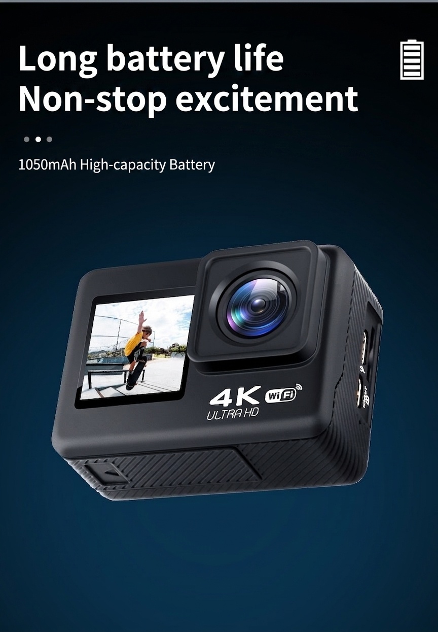 Cámara de acción 4K a 60 FPS, resistente al agua hasta 30 m, estabilización electrónica de imagen (EIS) de 6 ejes, doble pantalla, gran angular de 170°, cámara deportiva con pantalla táctil y conexión Wi-Fi.