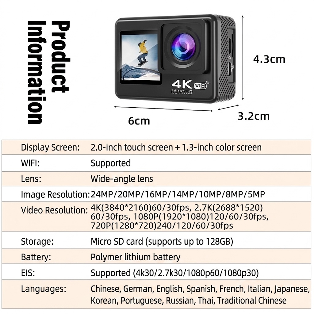 Cámara de acción 4K a 60 FPS, resistente al agua hasta 30 m, estabilización electrónica de imagen (EIS) de 6 ejes, doble pantalla, gran angular de 170°, cámara deportiva con pantalla táctil y conexión Wi-Fi.