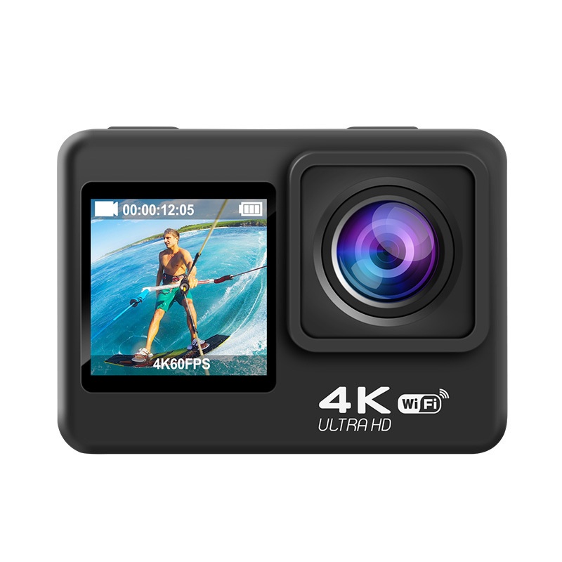 Cámara de acción 4K a 60 FPS, resistente al agua hasta 30 m, estabilización electrónica de imagen (EIS) de 6 ejes, doble pantalla, gran angular de 170°, cámara deportiva con pantalla táctil y conexión Wi-Fi.