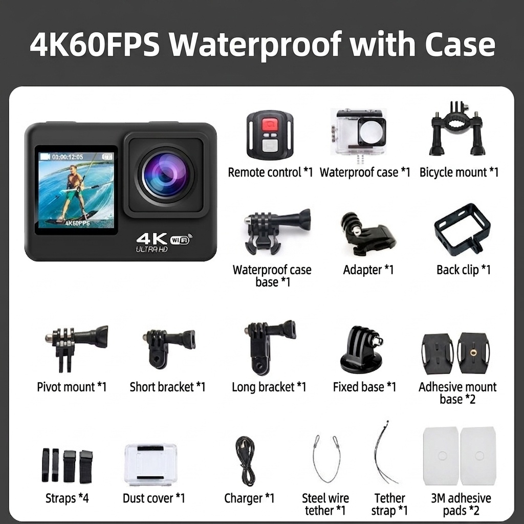 Cámara de acción 4K a 60 FPS, resistente al agua hasta 30 m, estabilización electrónica de imagen (EIS) de 6 ejes, doble pantalla, gran angular de 170°, cámara deportiva con pantalla táctil y conexión Wi-Fi.