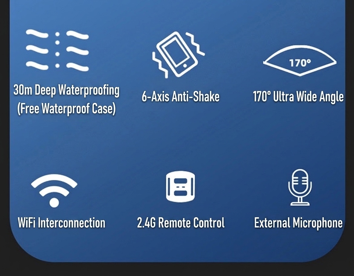 Cámara de acción 4K a 60 FPS, resistente al agua hasta 30 m, estabilización electrónica de imagen (EIS) de 6 ejes, doble pantalla, gran angular de 170°, cámara deportiva con pantalla táctil y conexión Wi-Fi.