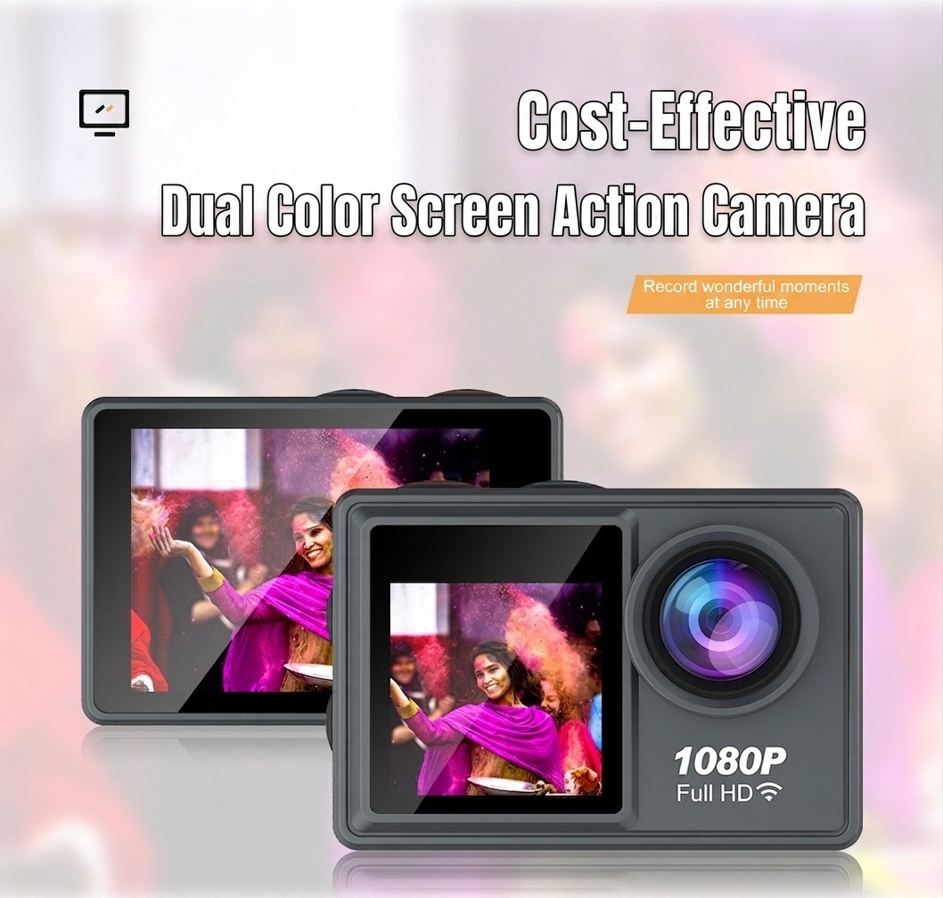 Cámara de acción Full HD 1080p, resistente al agua hasta 30 m, pantalla a color dual, gran angular de 140°, WiFi, cámara para vlogging deportivo al aire libre.
