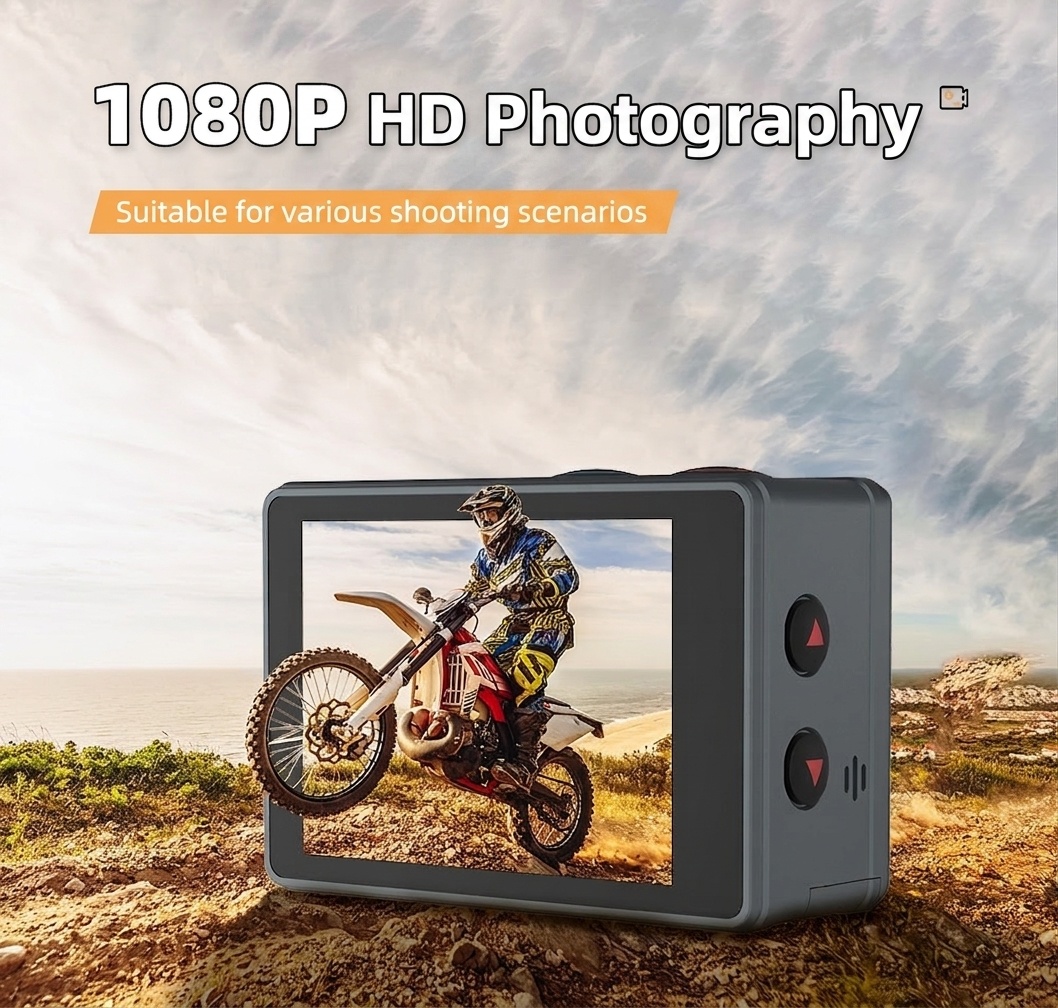 Cámara de acción Full HD 1080p, resistente al agua hasta 30 m, pantalla a color dual, gran angular de 140°, WiFi, cámara para vlogging deportivo al aire libre.