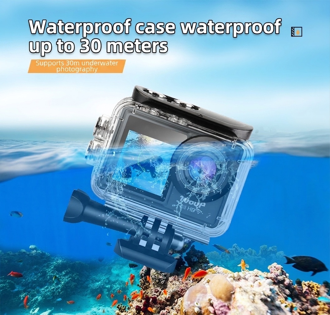 Cámara de acción Full HD 1080p, resistente al agua hasta 30 m, pantalla a color dual, gran angular de 140°, WiFi, cámara para vlogging deportivo al aire libre.