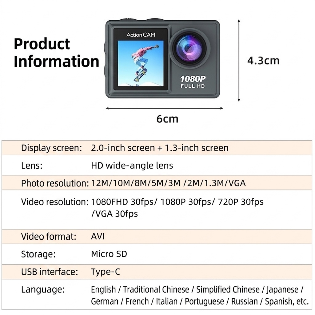 Cámara de acción Full HD 1080p, resistente al agua hasta 30 m, pantalla a color dual, gran angular de 140°, WiFi, cámara para vlogging deportivo al aire libre.