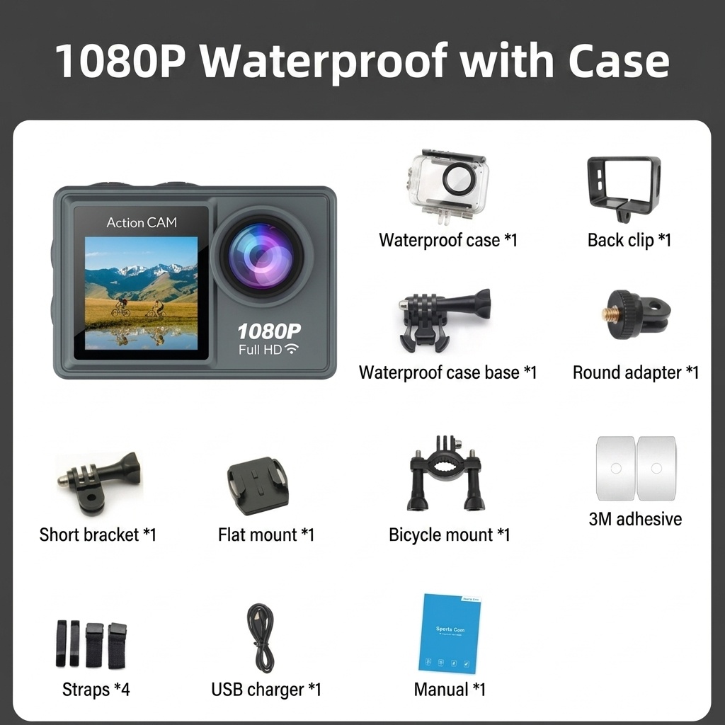 Cámara de acción Full HD 1080p, resistente al agua hasta 30 m, pantalla a color dual, gran angular de 140°, WiFi, cámara para vlogging deportivo al aire libre.