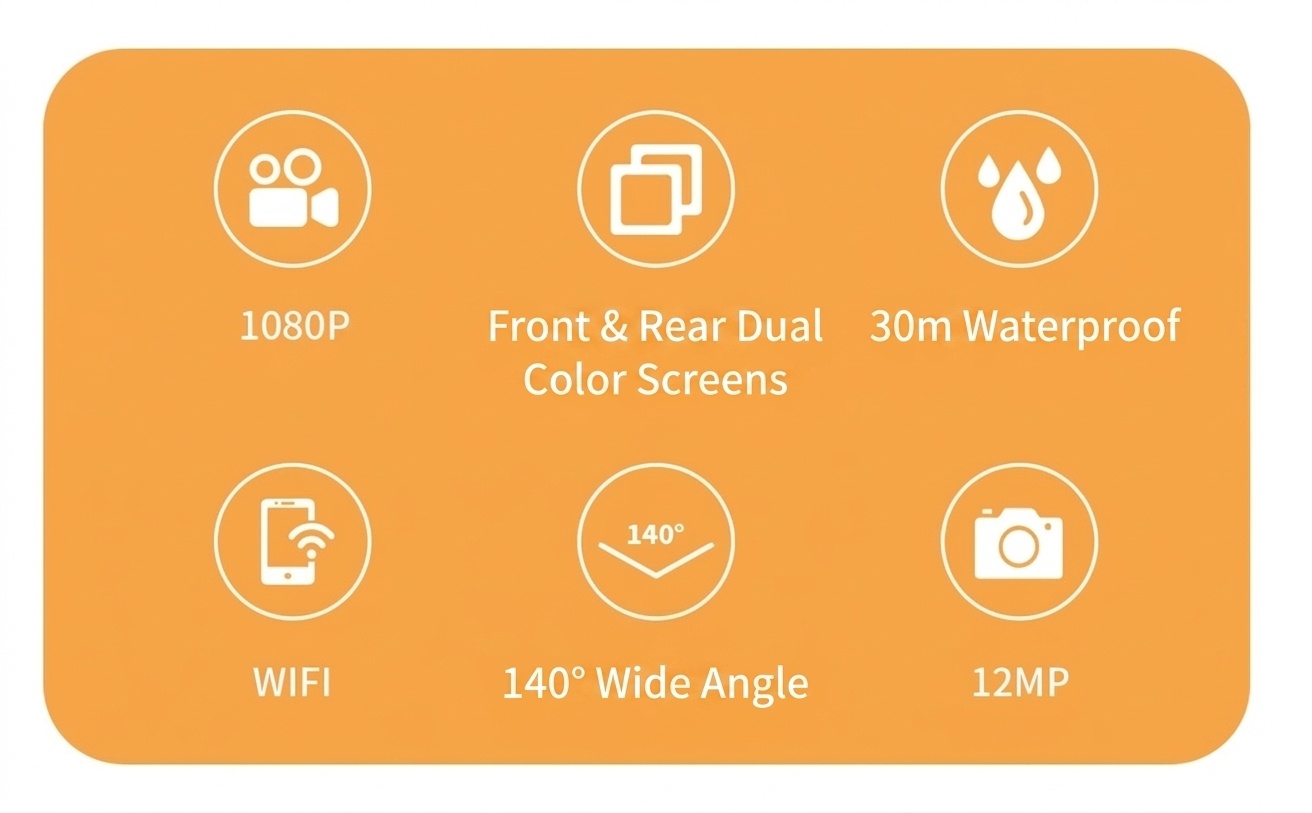 Cámara de acción Full HD 1080p, resistente al agua hasta 30 m, pantalla a color dual, gran angular de 140°, WiFi, cámara para vlogging deportivo al aire libre.