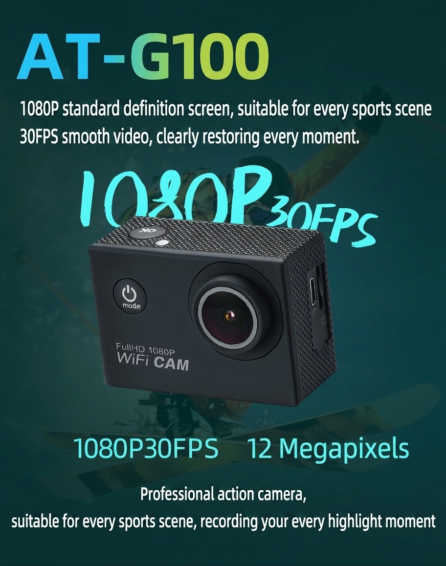 Cámara de acción FullHD 1080P a 30 FPS, resistente al agua hasta 30 m, WiFi, pantalla de 2 pulgadas, gran angular de 120°, cámara deportiva subacuática.
