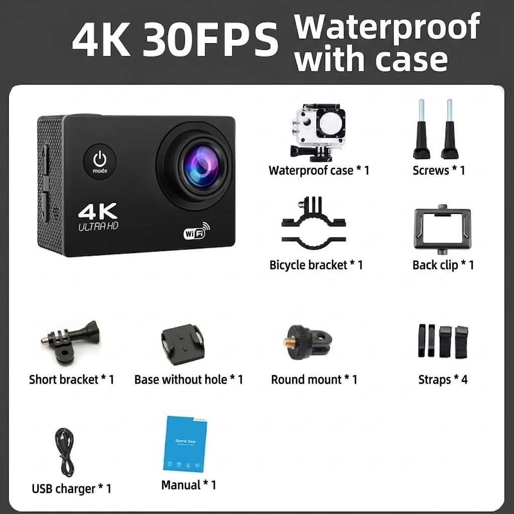 Cámara de acción FullHD 1080P a 30 FPS, resistente al agua hasta 30 m, WiFi, pantalla de 2 pulgadas, gran angular de 120°, cámara deportiva subacuática.