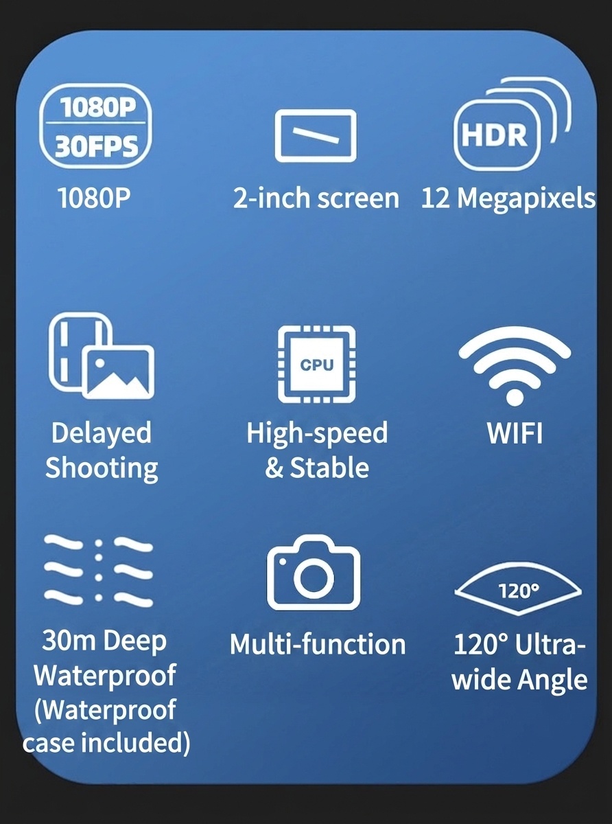 Cámara de acción FullHD 1080P a 30 FPS, resistente al agua hasta 30 m, WiFi, pantalla de 2 pulgadas, gran angular de 120°, cámara deportiva subacuática.