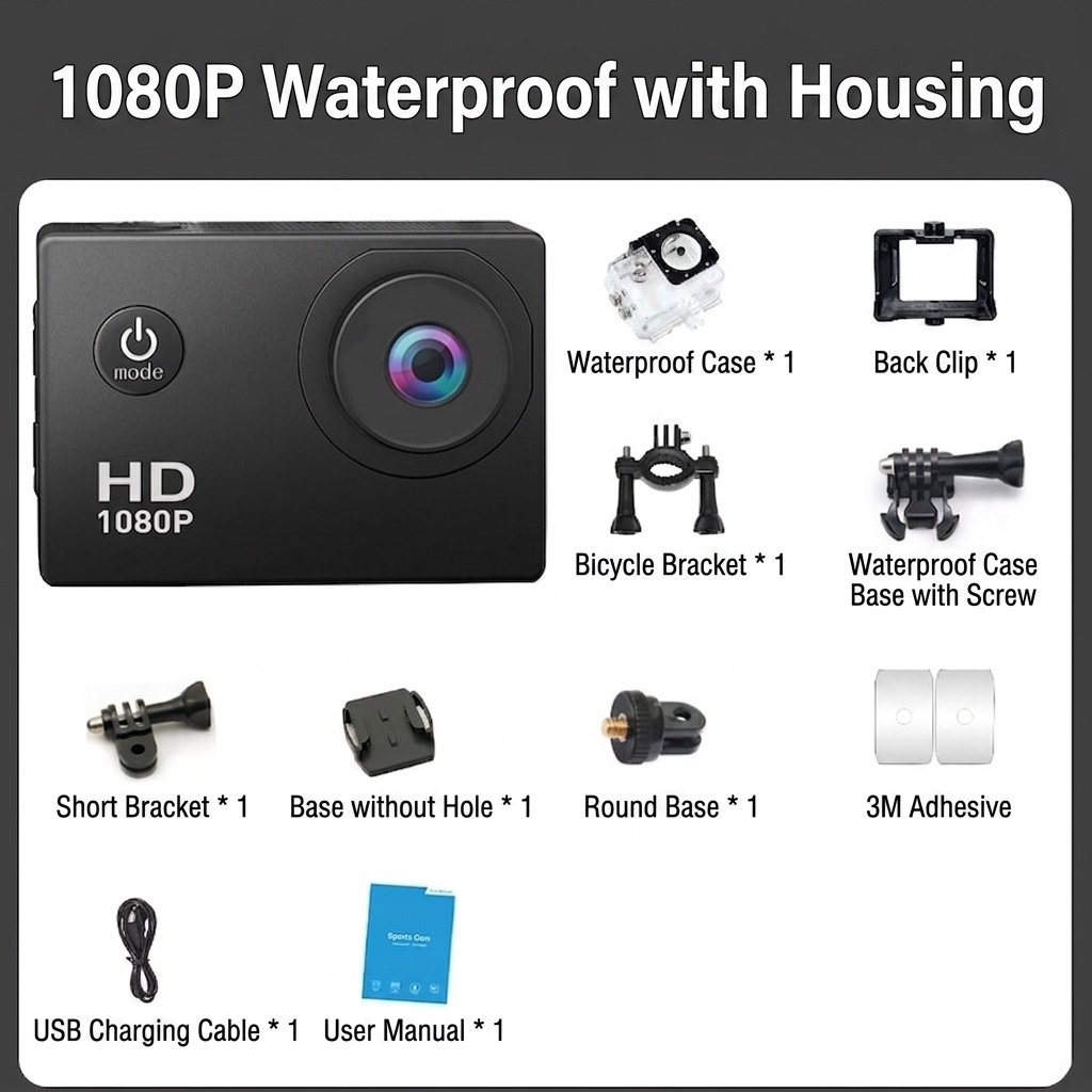 Cámara de acción OurLife 1080P HD, resistente al agua hasta 30 m, pantalla de 2 pulgadas, gran angular de 90°, cámara para deportes al aire libre y motocicletas.