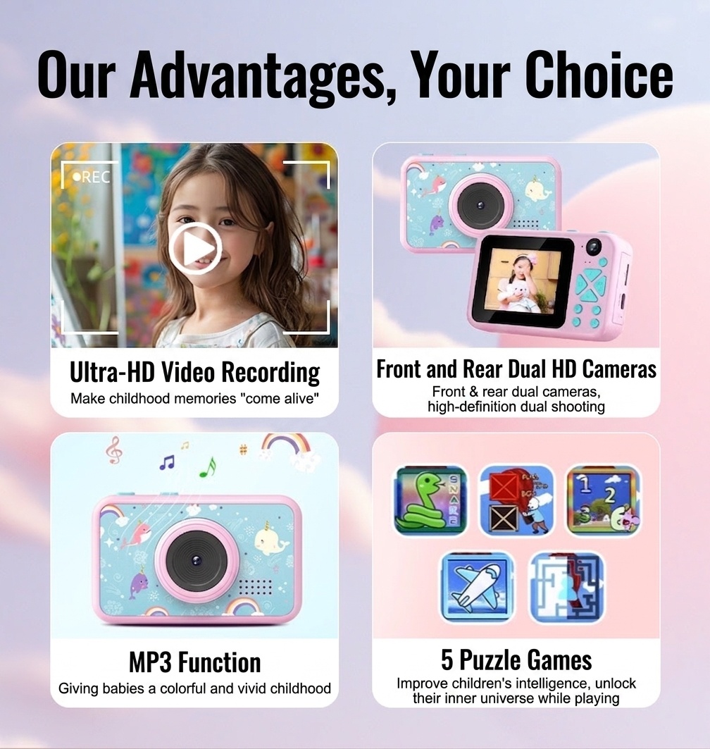 Cámara digital OurLife para niños, doble lente, video HD 1080p, cámara de juguete con diseño de dibujos animados, regalo de cumpleaños para niños y niñas.