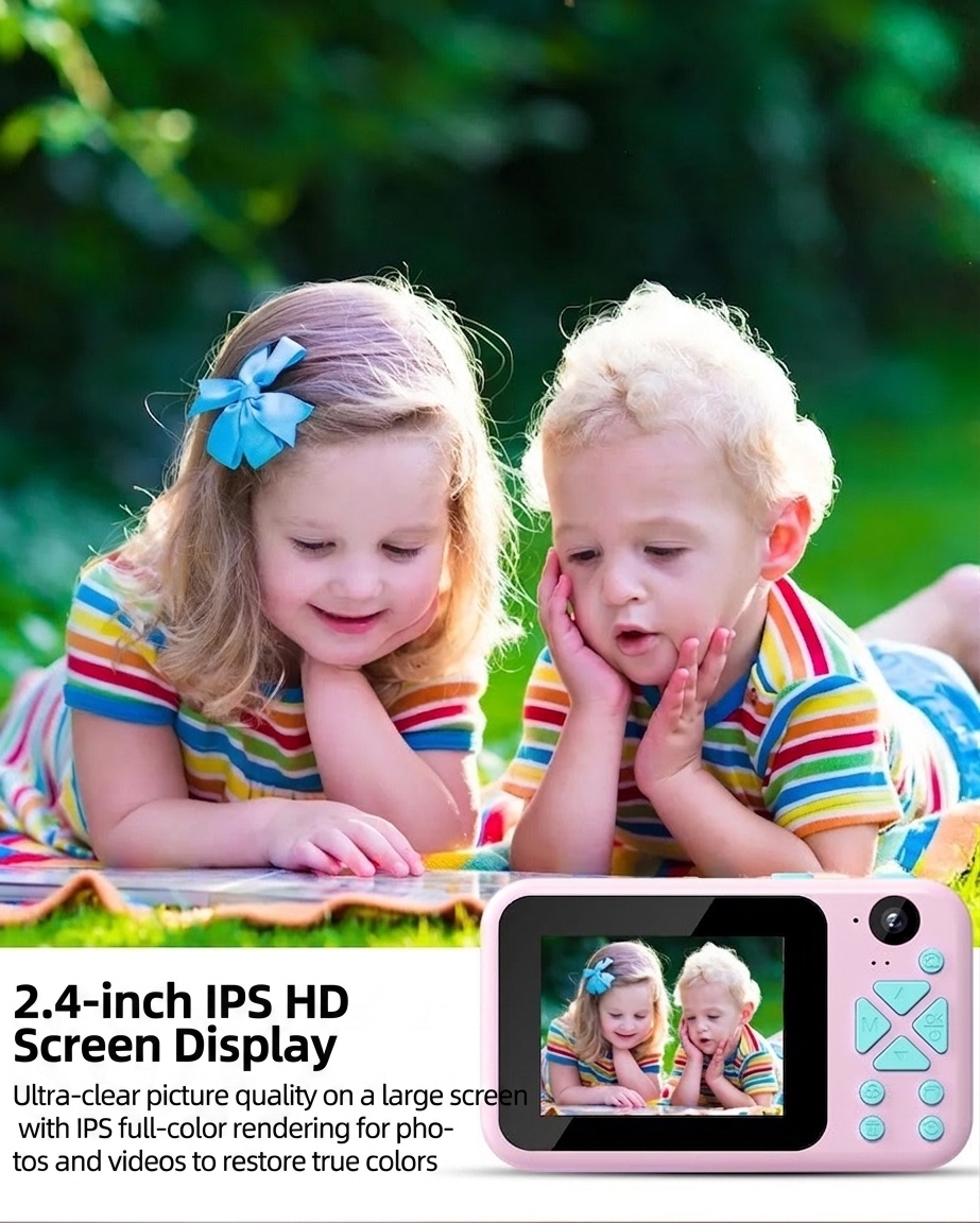 Cámara digital OurLife para niños, doble lente, video HD 1080p, cámara de juguete con diseño de dibujos animados, regalo de cumpleaños para niños y niñas.