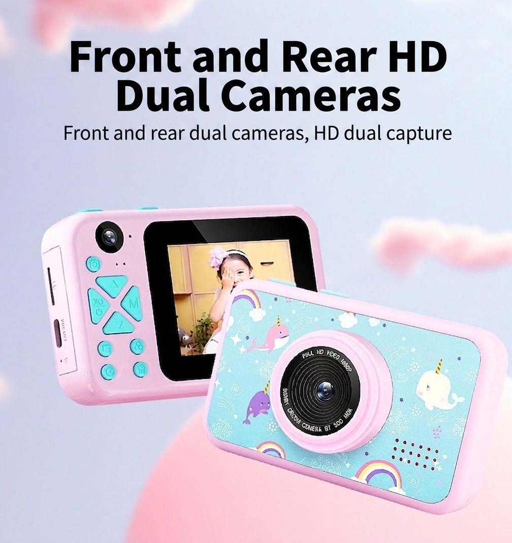 Cámara digital OurLife para niños, doble lente, video HD 1080p, cámara de juguete con diseño de dibujos animados, regalo de cumpleaños para niños y niñas.