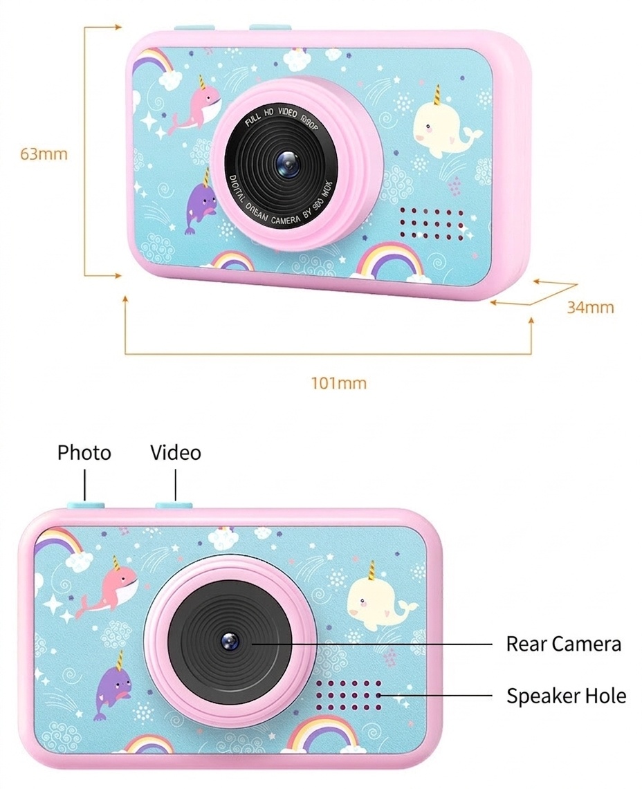 Cámara digital OurLife para niños, doble lente, video HD 1080p, cámara de juguete con diseño de dibujos animados, regalo de cumpleaños para niños y niñas.