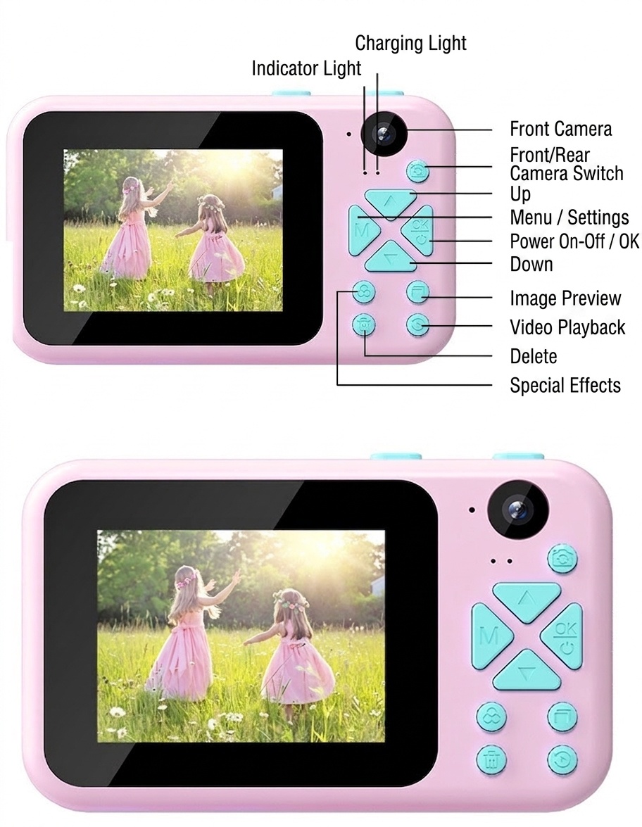 Cámara digital OurLife para niños, doble lente, video HD 1080p, cámara de juguete con diseño de dibujos animados, regalo de cumpleaños para niños y niñas.