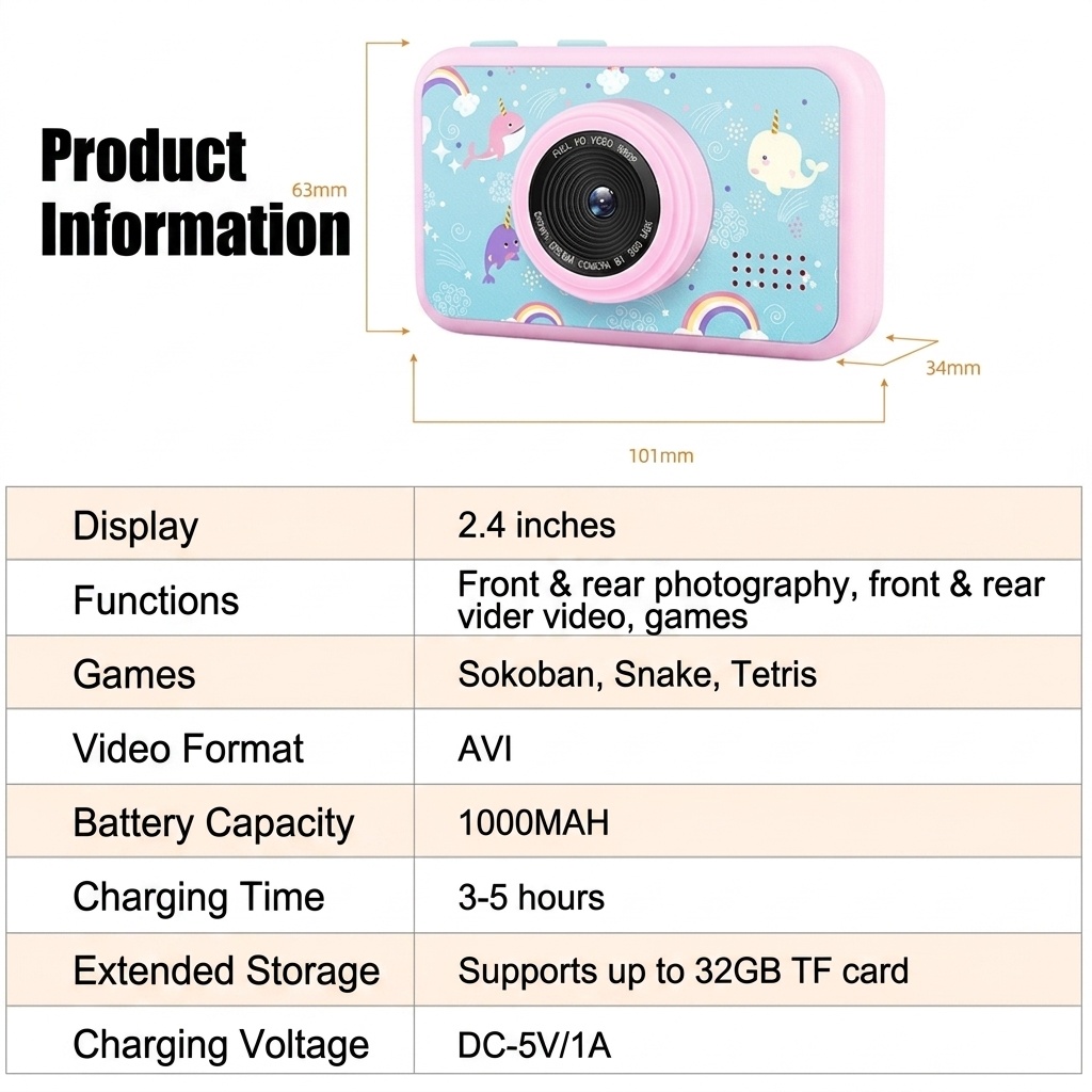 Cámara digital OurLife para niños, doble lente, video HD 1080p, cámara de juguete con diseño de dibujos animados, regalo de cumpleaños para niños y niñas.
