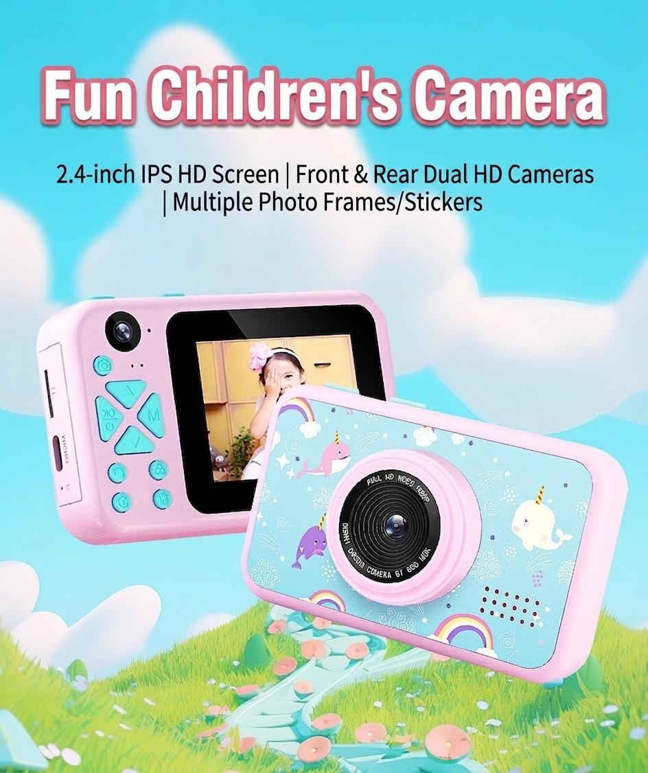 Cámara digital OurLife para niños, doble lente, video HD 1080p, cámara de juguete con diseño de dibujos animados, regalo de cumpleaños para niños y niñas.
