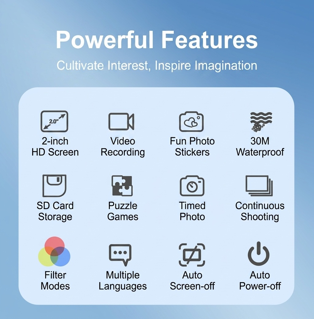 Cámara de acción sumergible OurLife Kids, vídeo HD 1080P, pantalla de 2 pulgadas, divertidos filtros y juegos, cámara de juguete subacuática, regalo para niños.