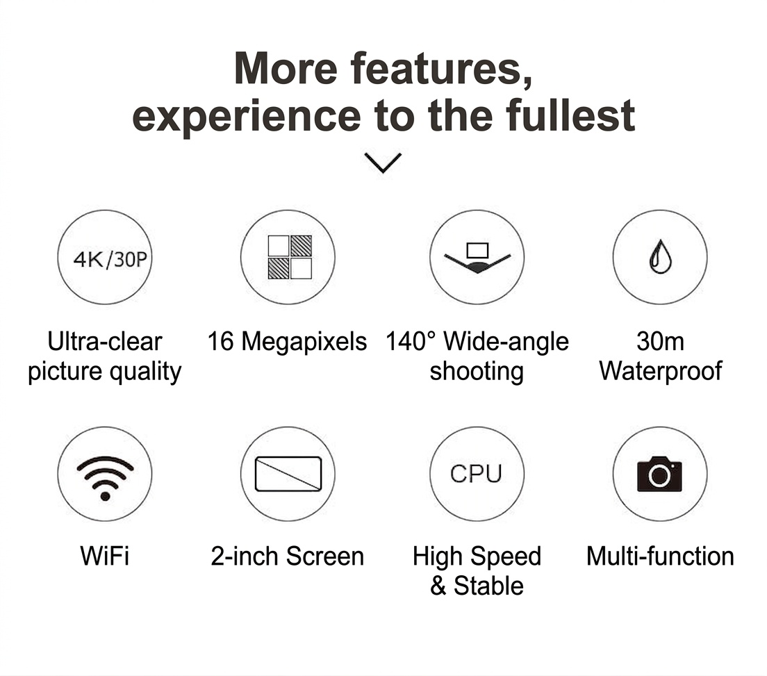 Cámara de acción 4K a 30 FPS, resistente al agua, WiFi, pantalla de 2 pulgadas, 16 MP, cámara subacuática para deportes al aire libre con batería de 1050 mAh.