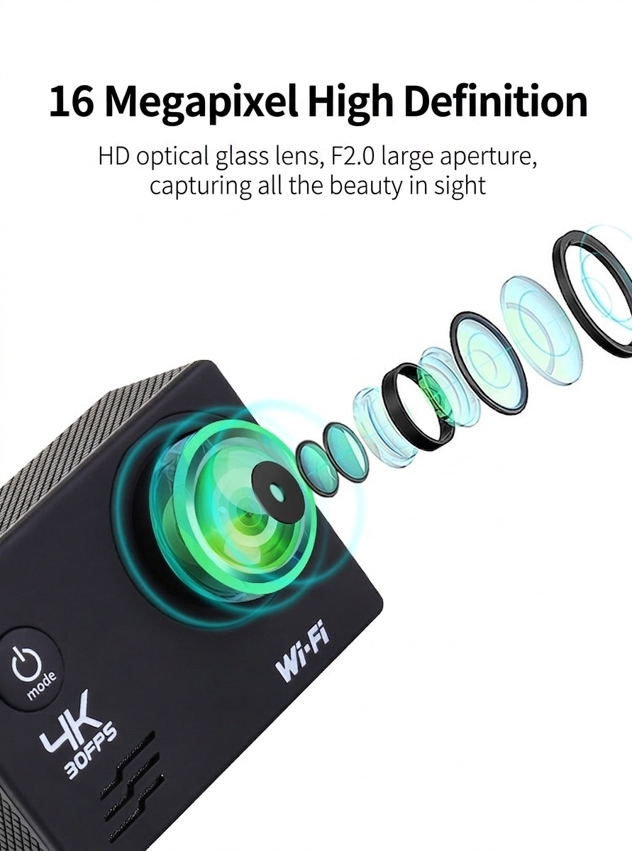 Cámara de acción 4K a 30 FPS, resistente al agua, WiFi, pantalla de 2 pulgadas, 16 MP, cámara subacuática para deportes al aire libre con batería de 1050 mAh.