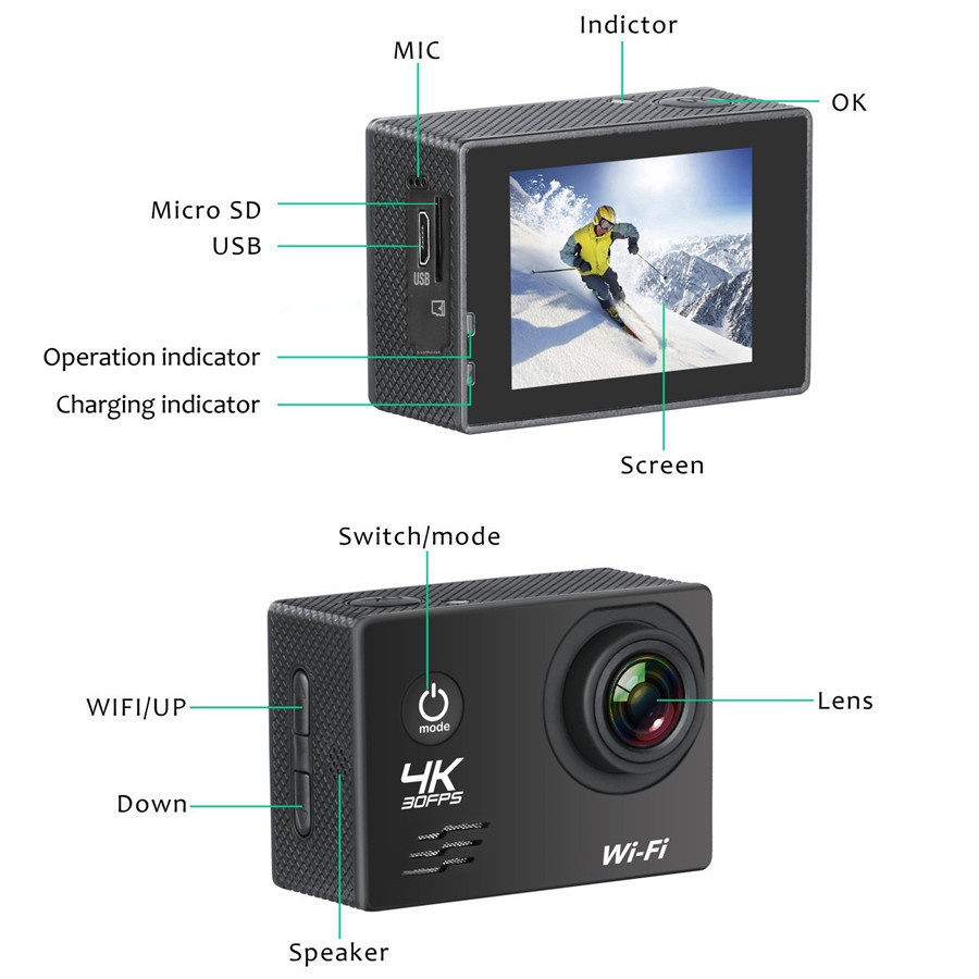 Cámara de acción 4K a 30 FPS, resistente al agua, WiFi, pantalla de 2 pulgadas, 16 MP, cámara subacuática para deportes al aire libre con batería de 1050 mAh.