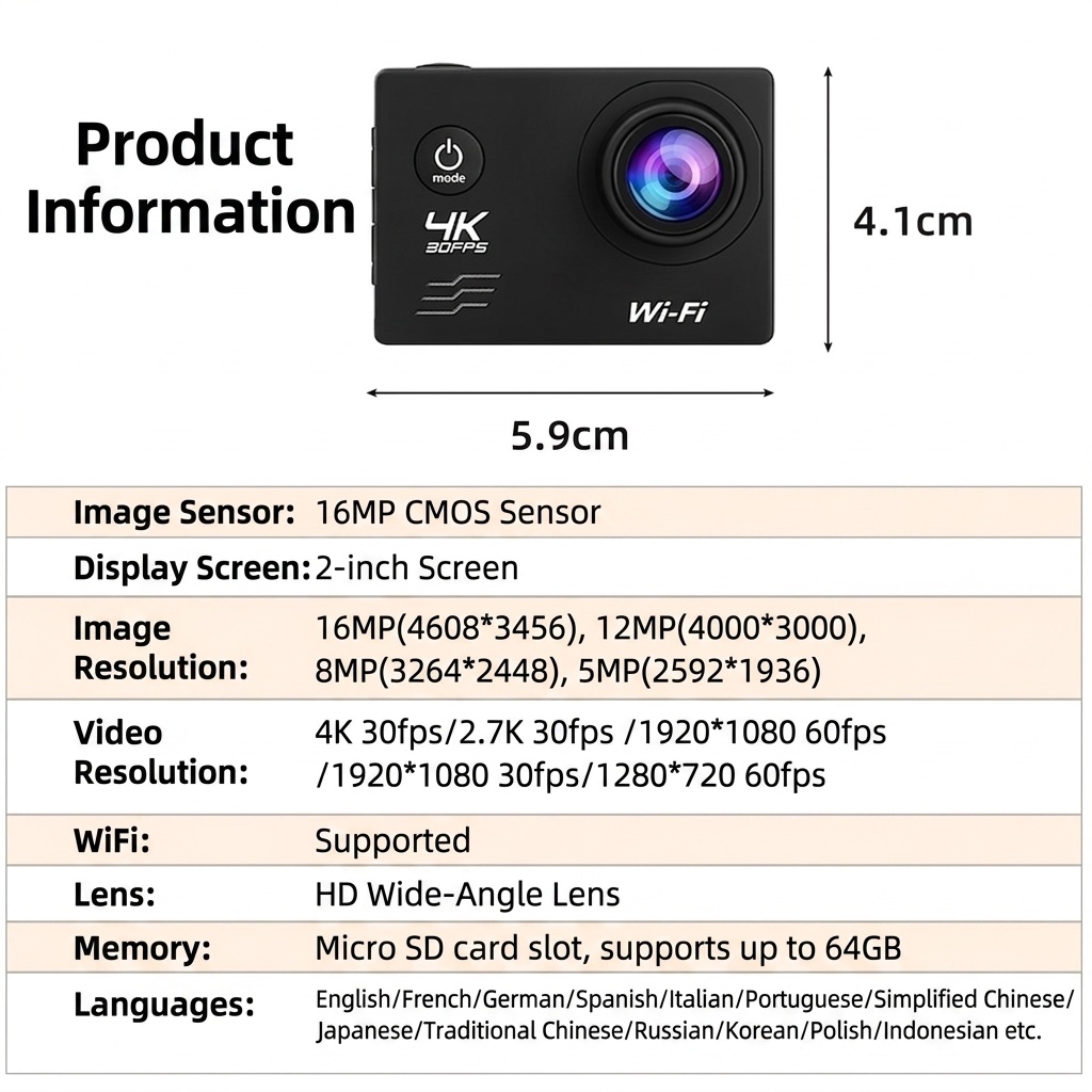Cámara de acción 4K a 30 FPS, resistente al agua, WiFi, pantalla de 2 pulgadas, 16 MP, cámara subacuática para deportes al aire libre con batería de 1050 mAh.