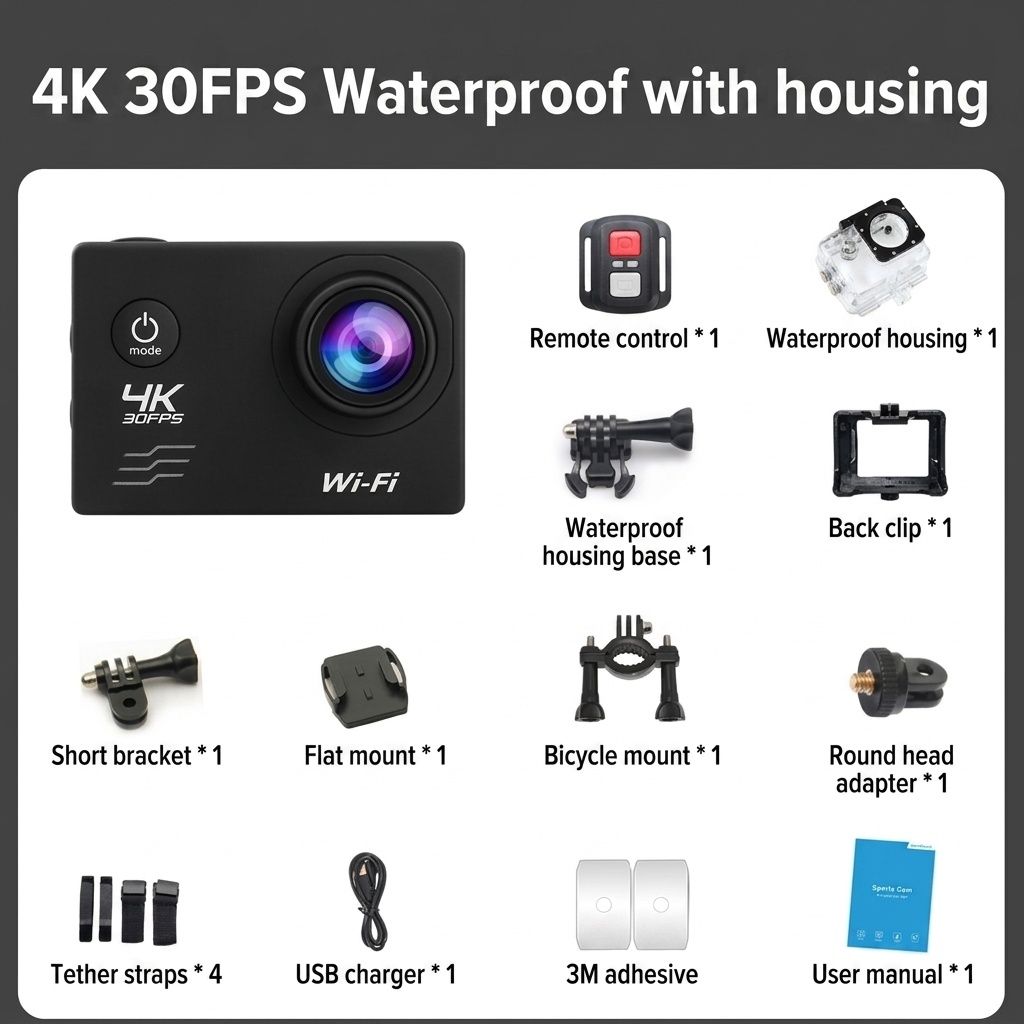 Cámara de acción 4K a 30 FPS, resistente al agua, WiFi, pantalla de 2 pulgadas, 16 MP, cámara subacuática para deportes al aire libre con batería de 1050 mAh.
