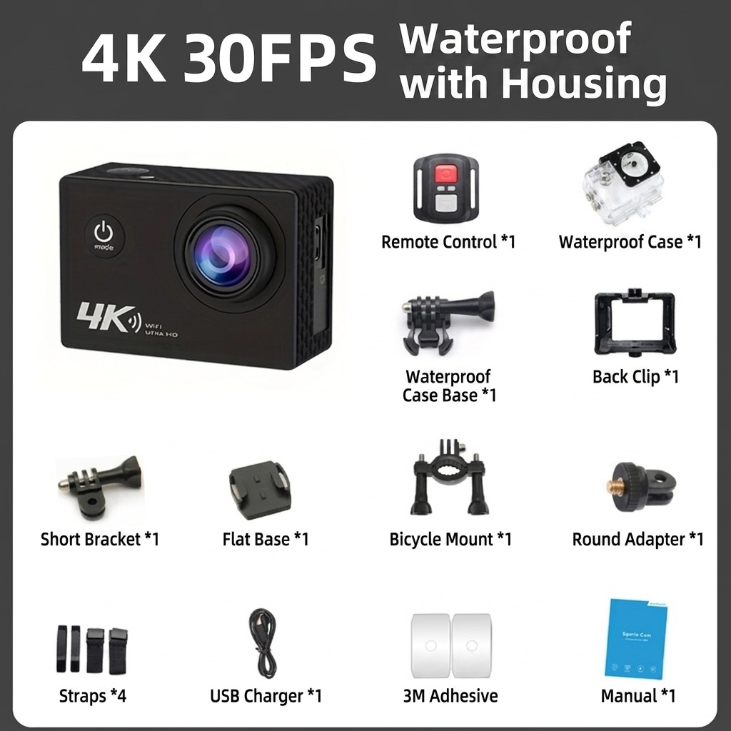 Cámara de acción 4K a 30 FPS, resistente al agua, WiFi, pantalla de 2 pulgadas, 16 MP, cámara subacuática para deportes al aire libre con batería de 1050 mAh.