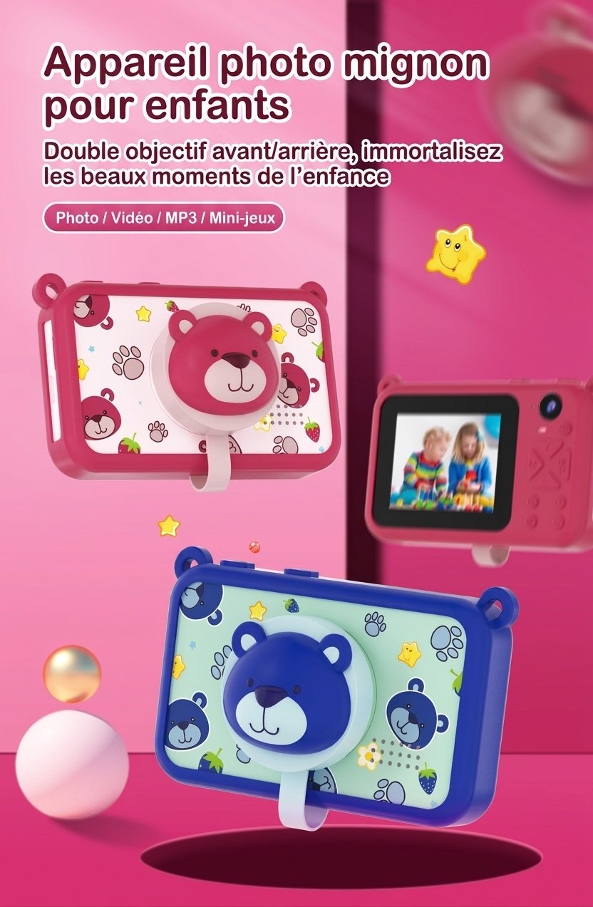 Appareil photo jouet OurLife pour enfants, écran 2,4 pouces, caméra vidéo numérique, jouet éducatif, cadeau d'anniversaire pour petits garçons et petites filles