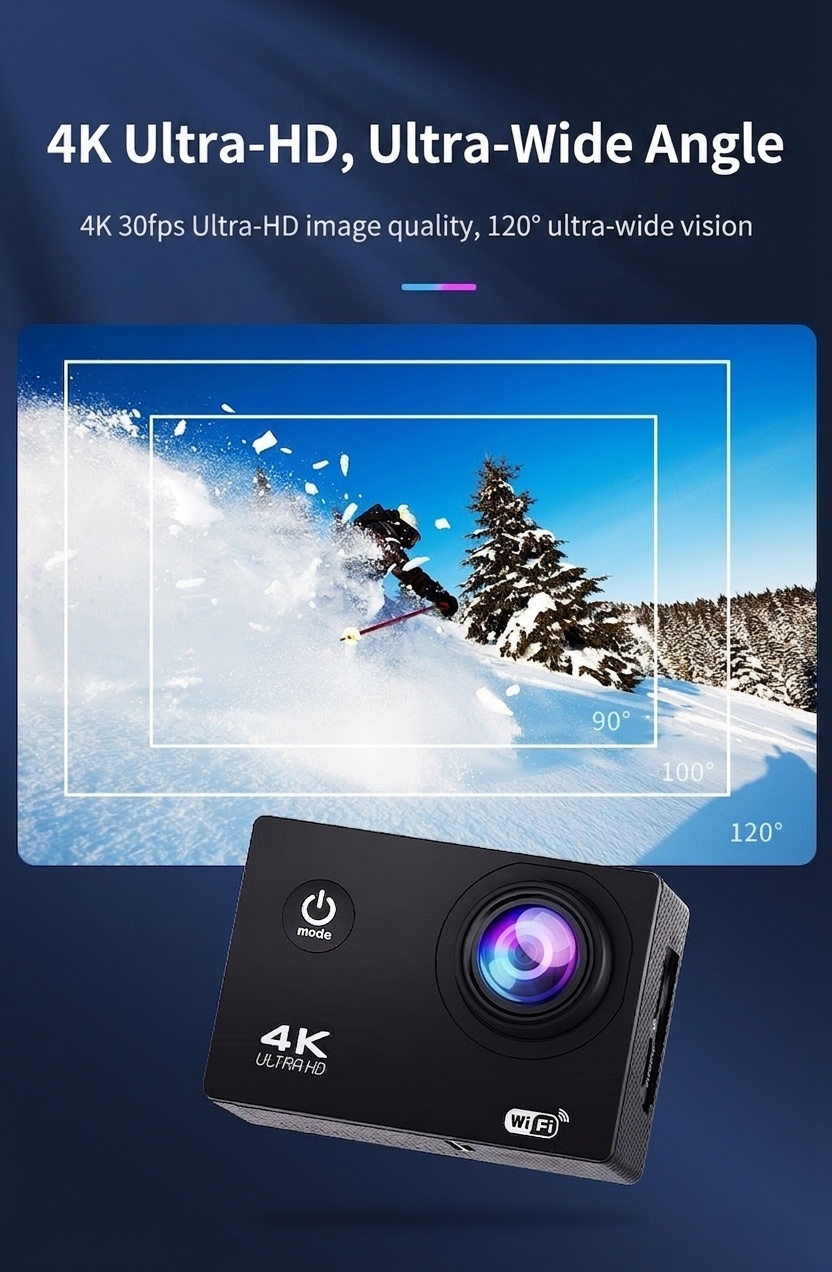 Cámara de acción 4K Ultra HD, resistente al agua, WiFi, lente gran angular, cámara para deportes al aire libre, buceo y equitación.