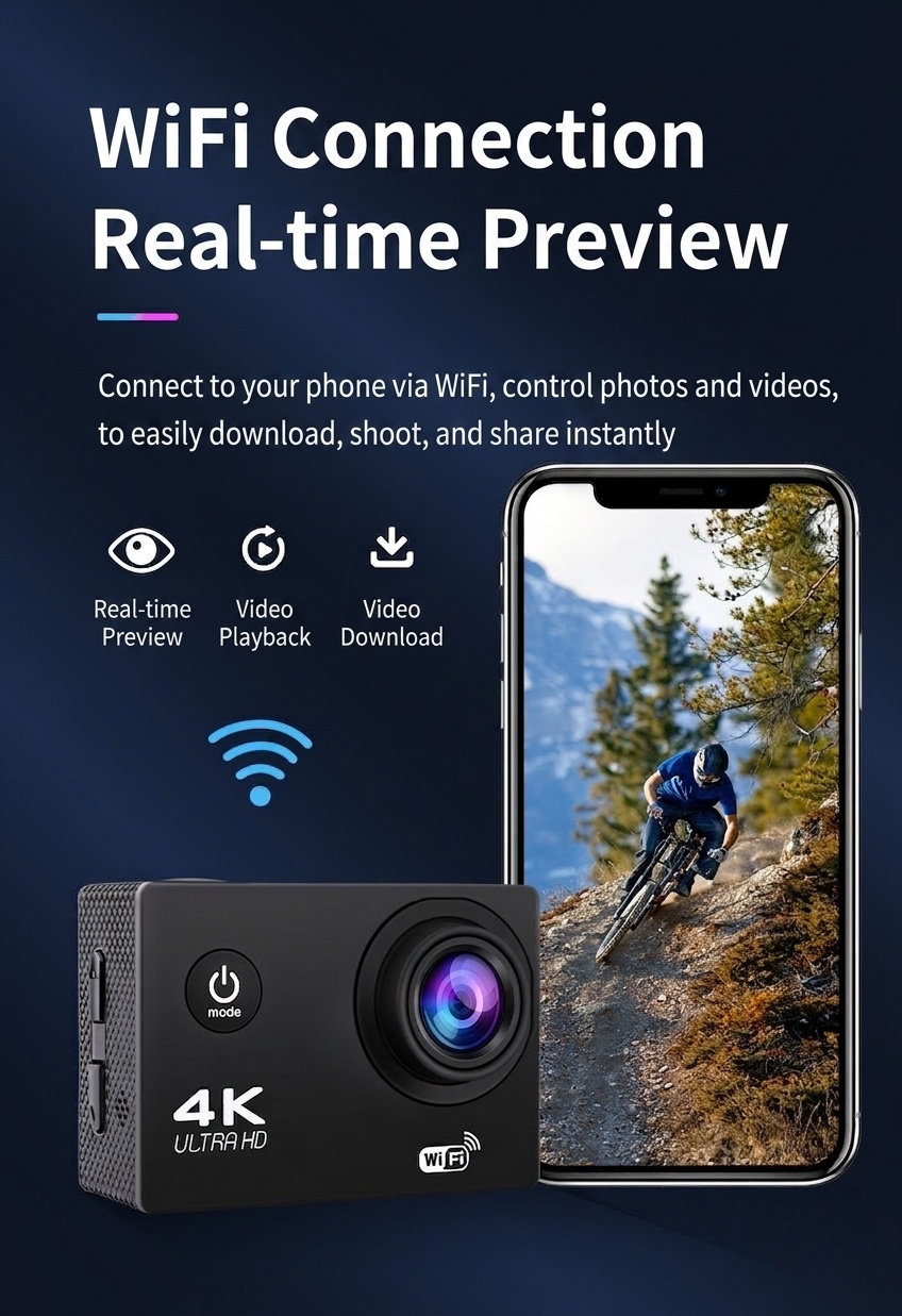 Cámara de acción 4K Ultra HD, resistente al agua, WiFi, lente gran angular, cámara para deportes al aire libre, buceo y equitación.
