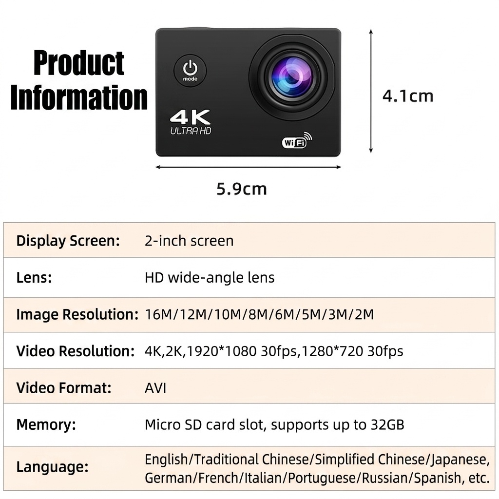 Cámara de acción 4K Ultra HD, resistente al agua, WiFi, lente gran angular, cámara para deportes al aire libre, buceo y equitación.