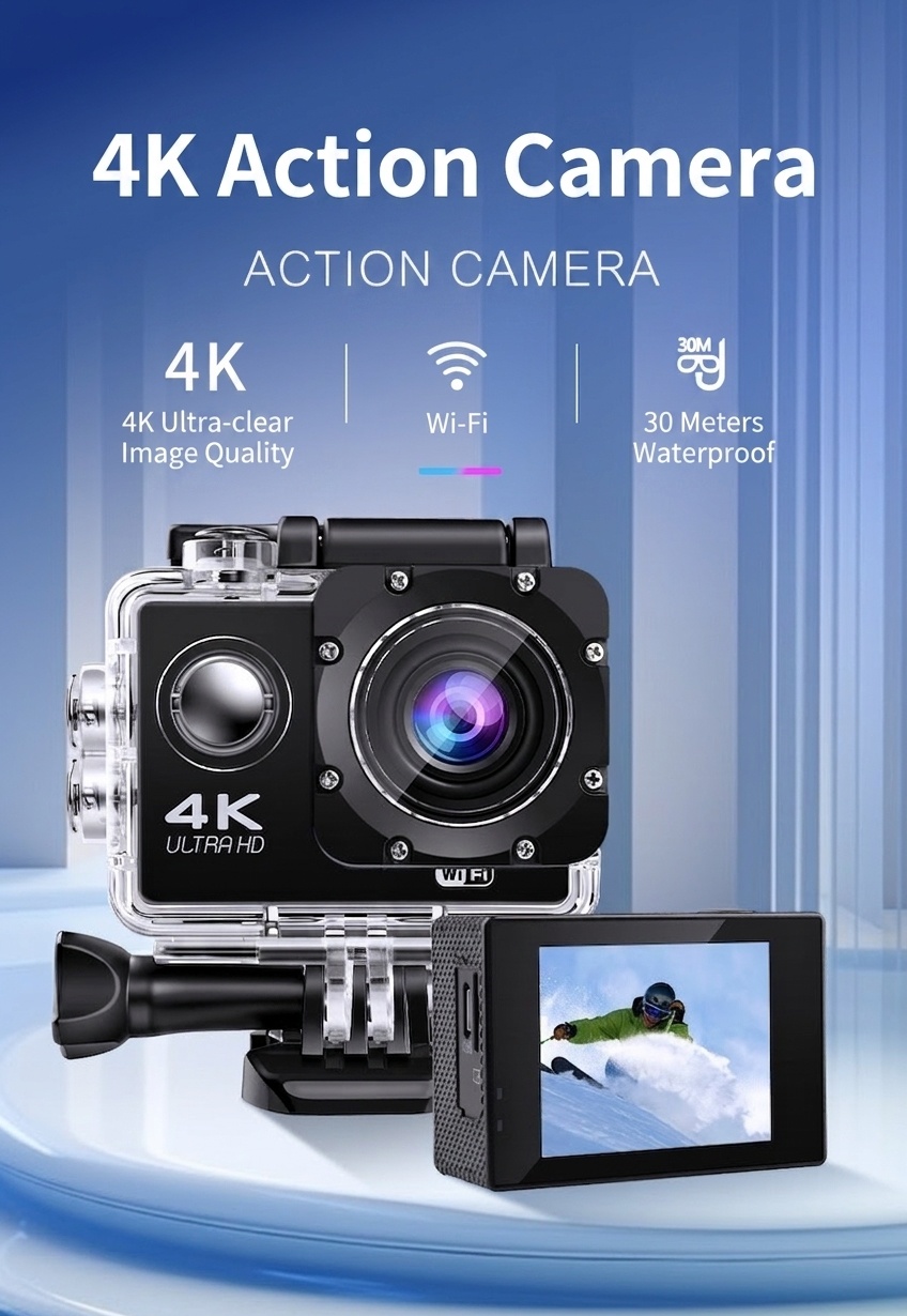 Cámara de acción 4K Ultra HD, resistente al agua, WiFi, lente gran angular, cámara para deportes al aire libre, buceo y equitación.