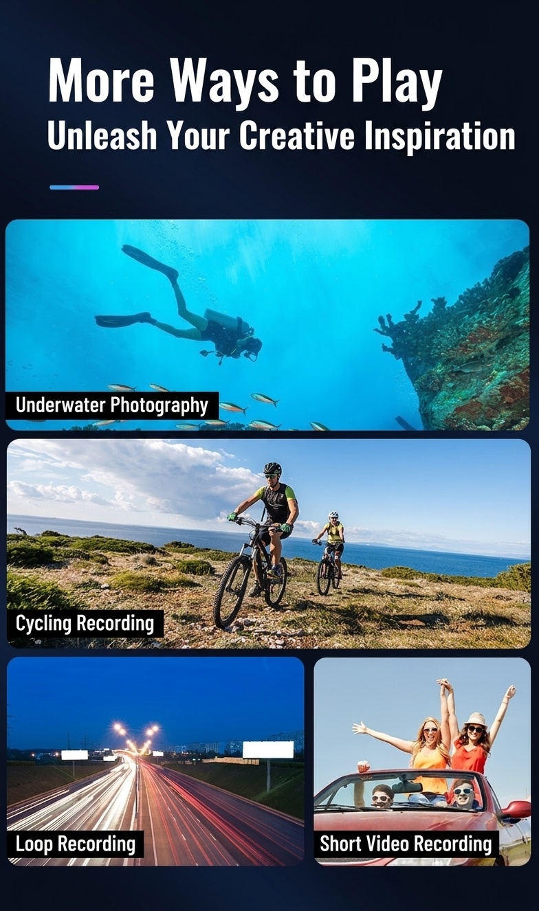 Cámara de acción 4K Ultra HD, resistente al agua, WiFi, lente gran angular, cámara para deportes al aire libre, buceo y equitación.