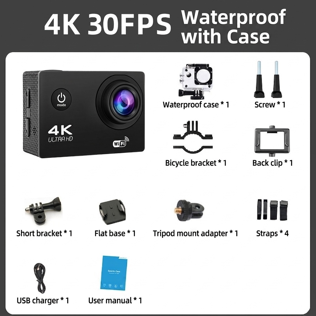 Cámara de acción 4K Ultra HD, resistente al agua, WiFi, lente gran angular, cámara para deportes al aire libre, buceo y equitación.