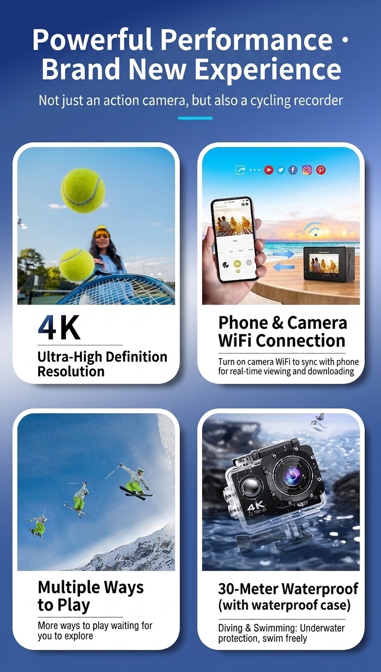 Cámara de acción 4K Ultra HD, resistente al agua, WiFi, lente gran angular, cámara para deportes al aire libre, buceo y equitación.