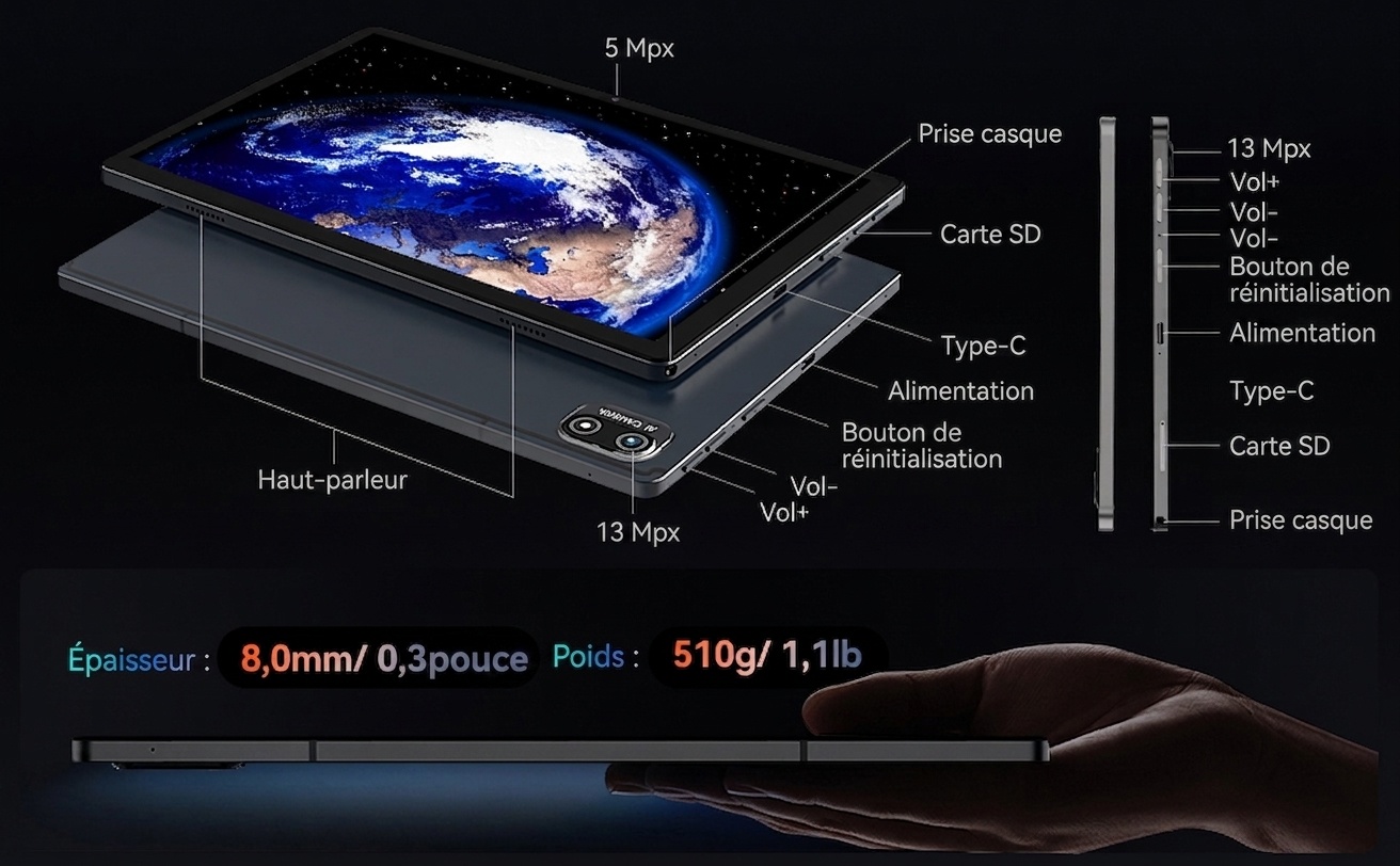 Tablette Kinstone 10,1" FHD IPS Android 12 8 Go/128 Go