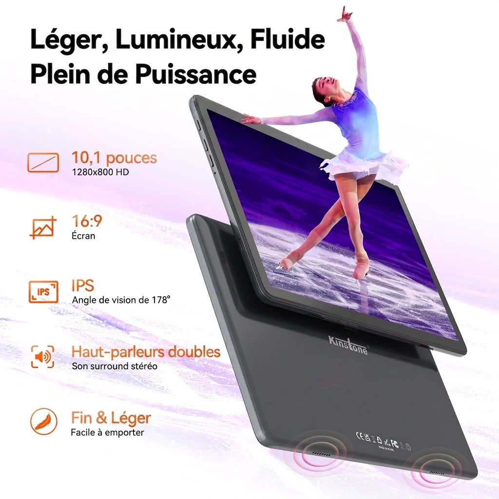 Tablette Kinstone 10,1 pouces Android 12, 3 Go de RAM, 64 Go de stockage