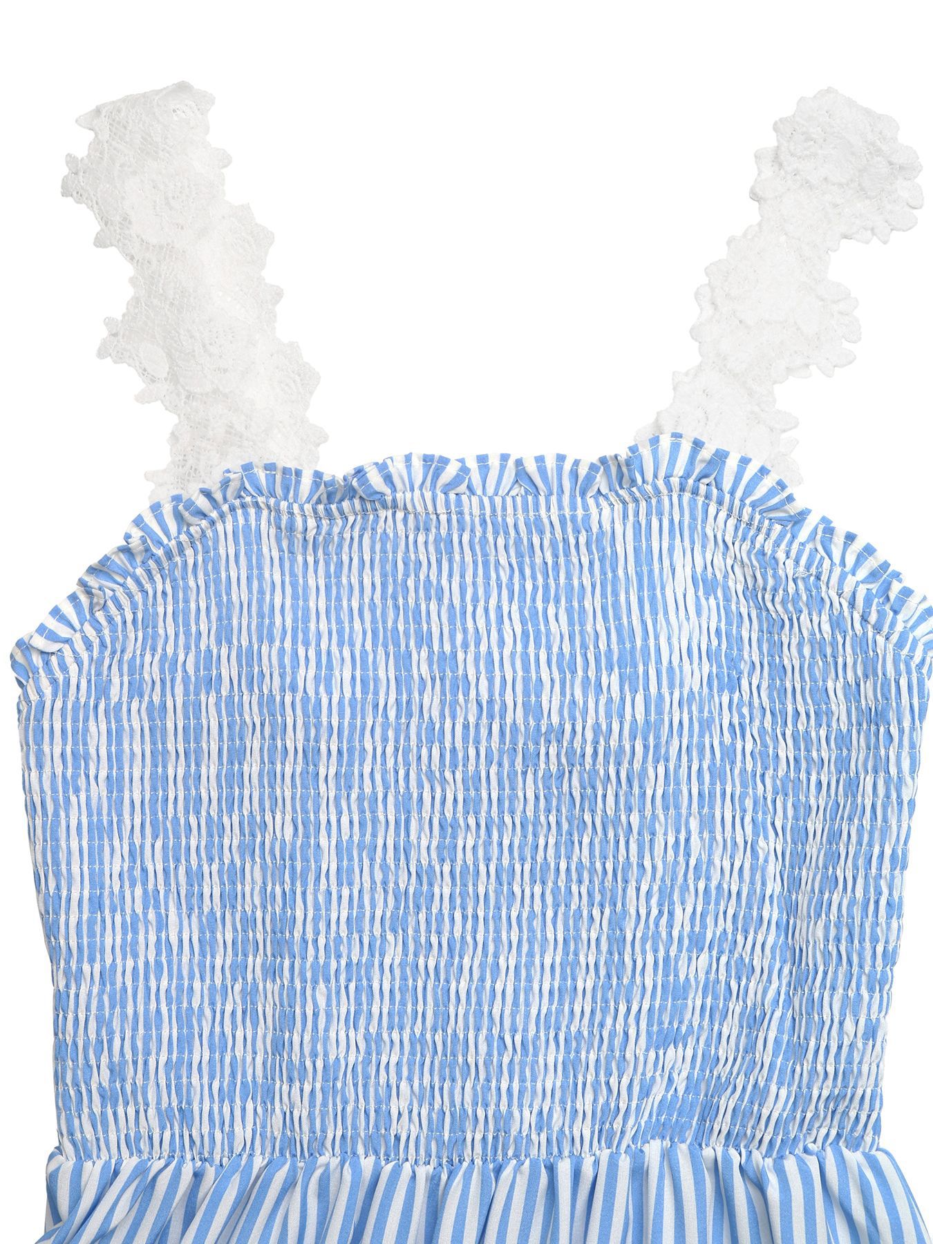 Robe longue rayée froncée avec bordure en dentelle