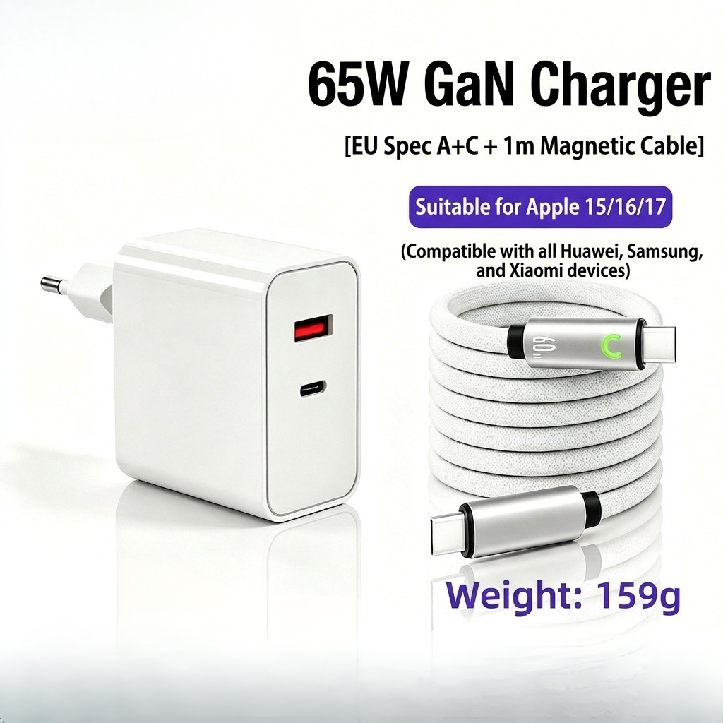65W GaN Fast Charger, USB-C and USB-A Dual Port Wall Adapter