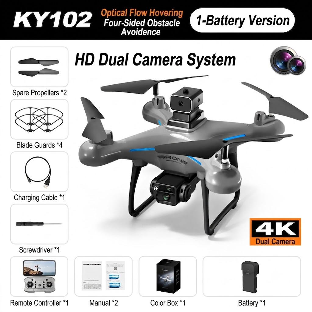 KY102 4K Drone with Dual Camera, Intelligent Obstacle Avoidance, Optical Flow Positioning, Foldable RC Quadcopter