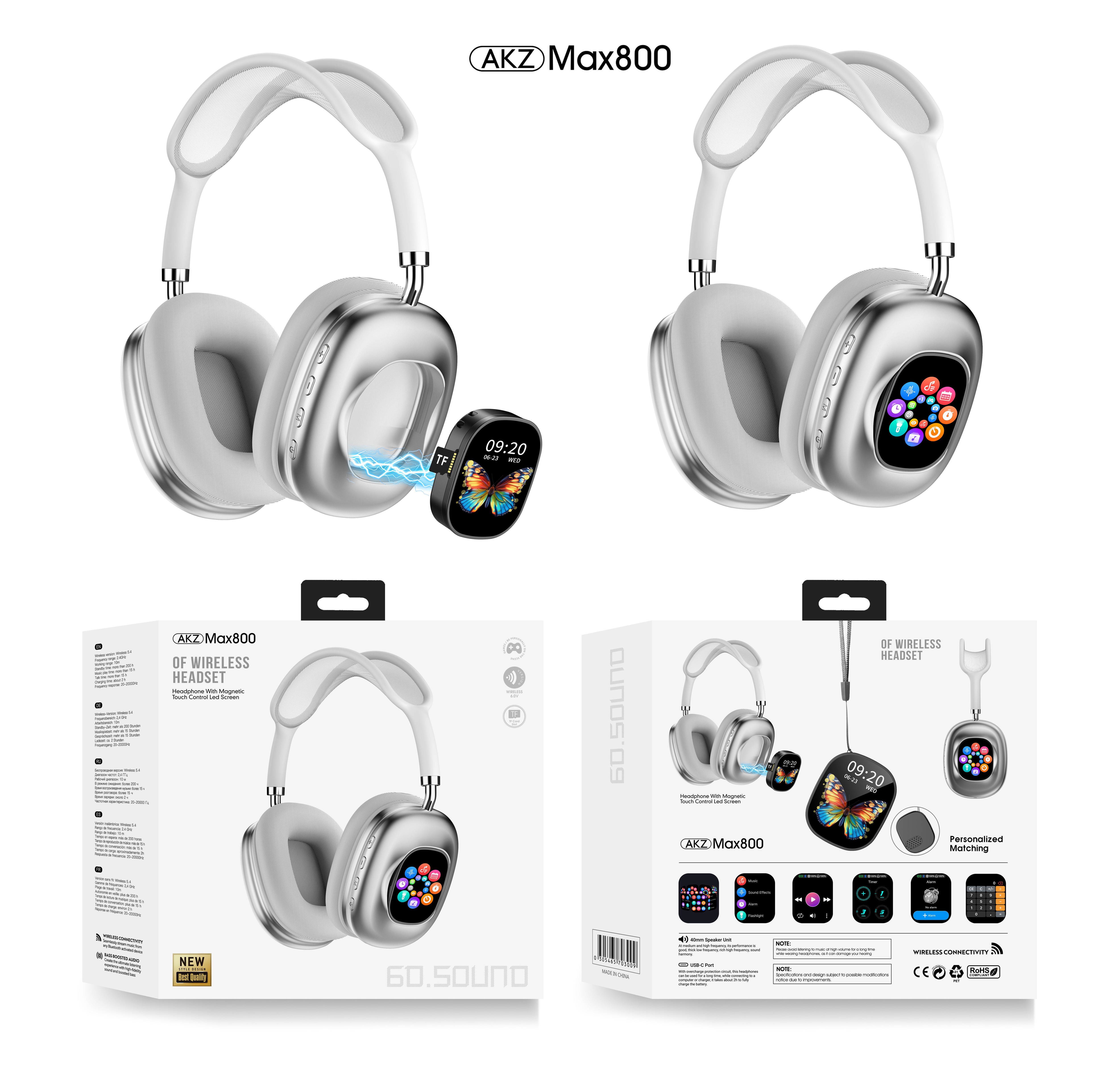 Touchscreen Wireless Bluetooth Headphones - Long Battery Life - AKZMAX800