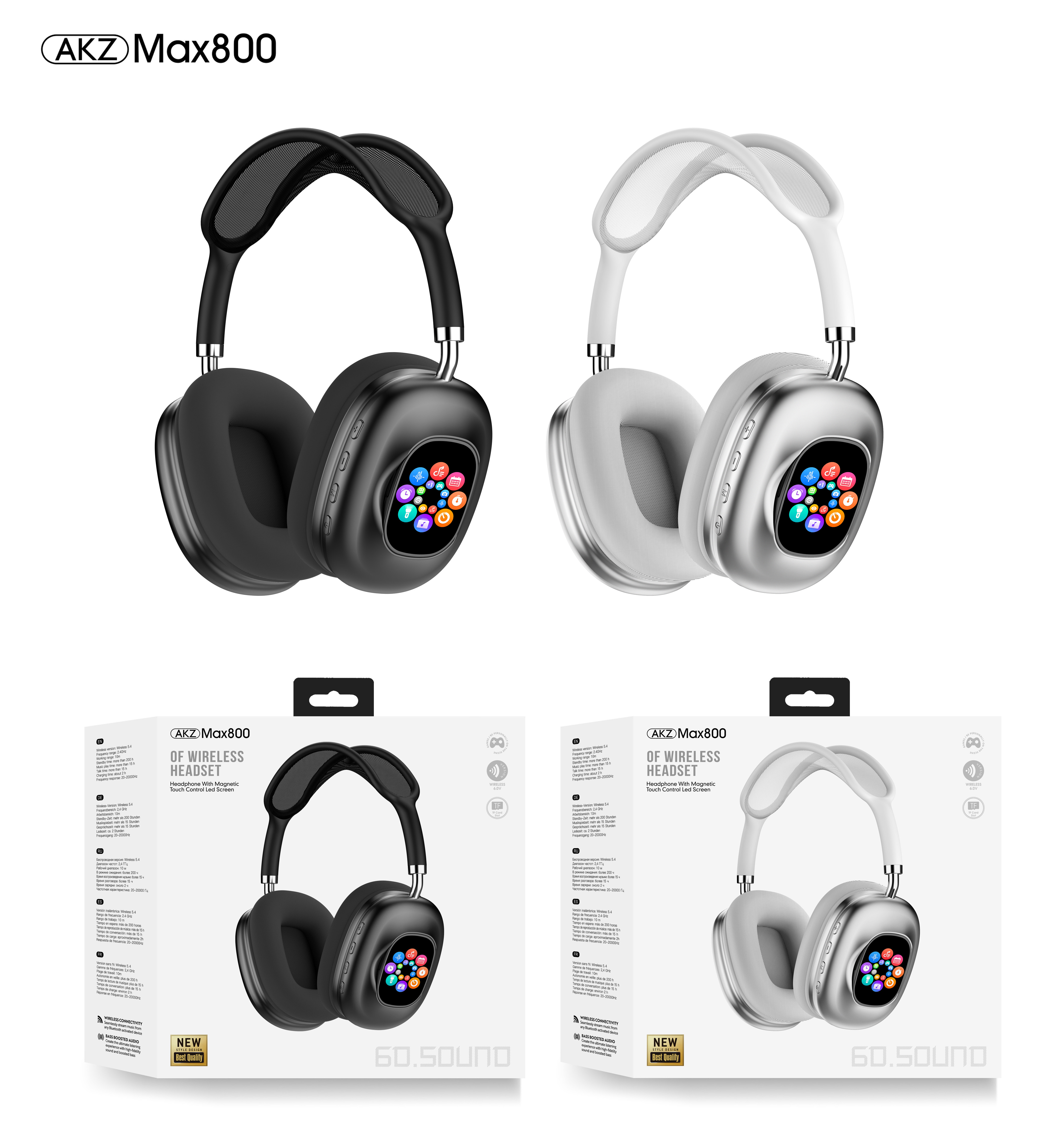 Touchscreen Wireless Bluetooth Headphones - Long Battery Life - AKZMAX800